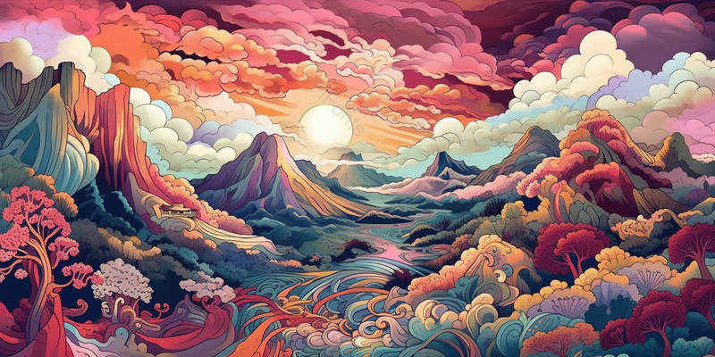 国潮风太阳日出日落祥云和山峰树木森林植物茂盛古风插画,插画/手绘图,插画/手绘图库,插画/手绘图下载,插画/手绘